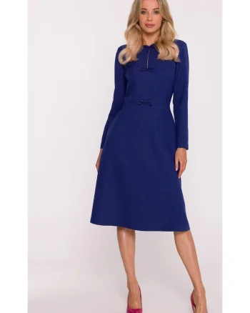 Rochie midi, S413 neagra decolteu rotund, maneci lungi, funde decorative, buzunare laterale, fermoar la spate, zi cu zi, Albastru