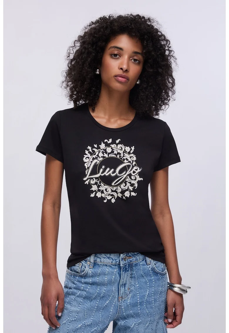 Tricou din bumbac decorat cu logo si strasuri, Negru