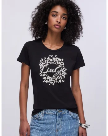 Tricou din bumbac decorat cu logo si strasuri, Negru