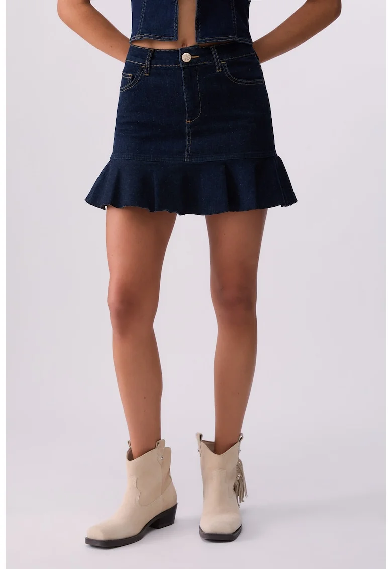 Fusta mini din denim cu terminatie cu volane, Albastru inchis