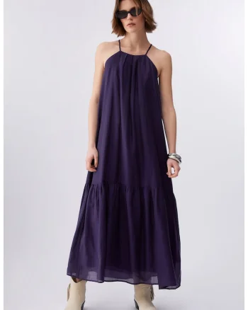 Rochie lunga cu croiala lejera si bretele inguste, Violet aubergine