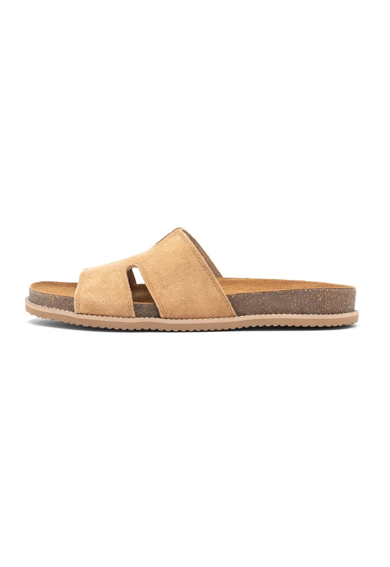Papuci din piele intoarsa cu decupaje, Maro camel