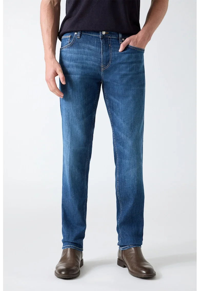 Blugi slim fit din amestec de in, Albastru inchis
