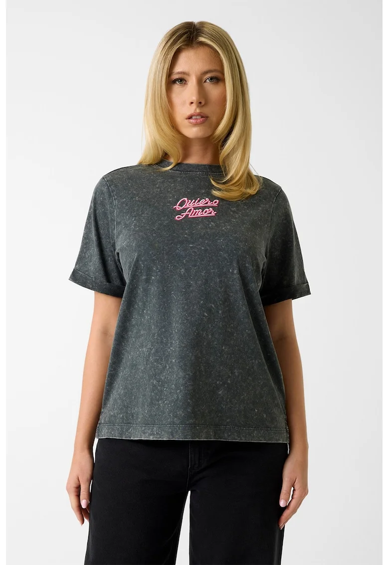 Tricou din bumbac cu imprimeu text, Negru melange/Roz