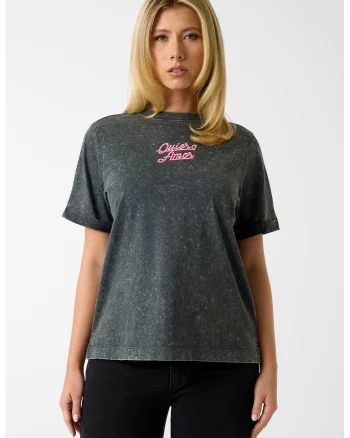 Tricou din bumbac cu imprimeu text, Negru melange/Roz