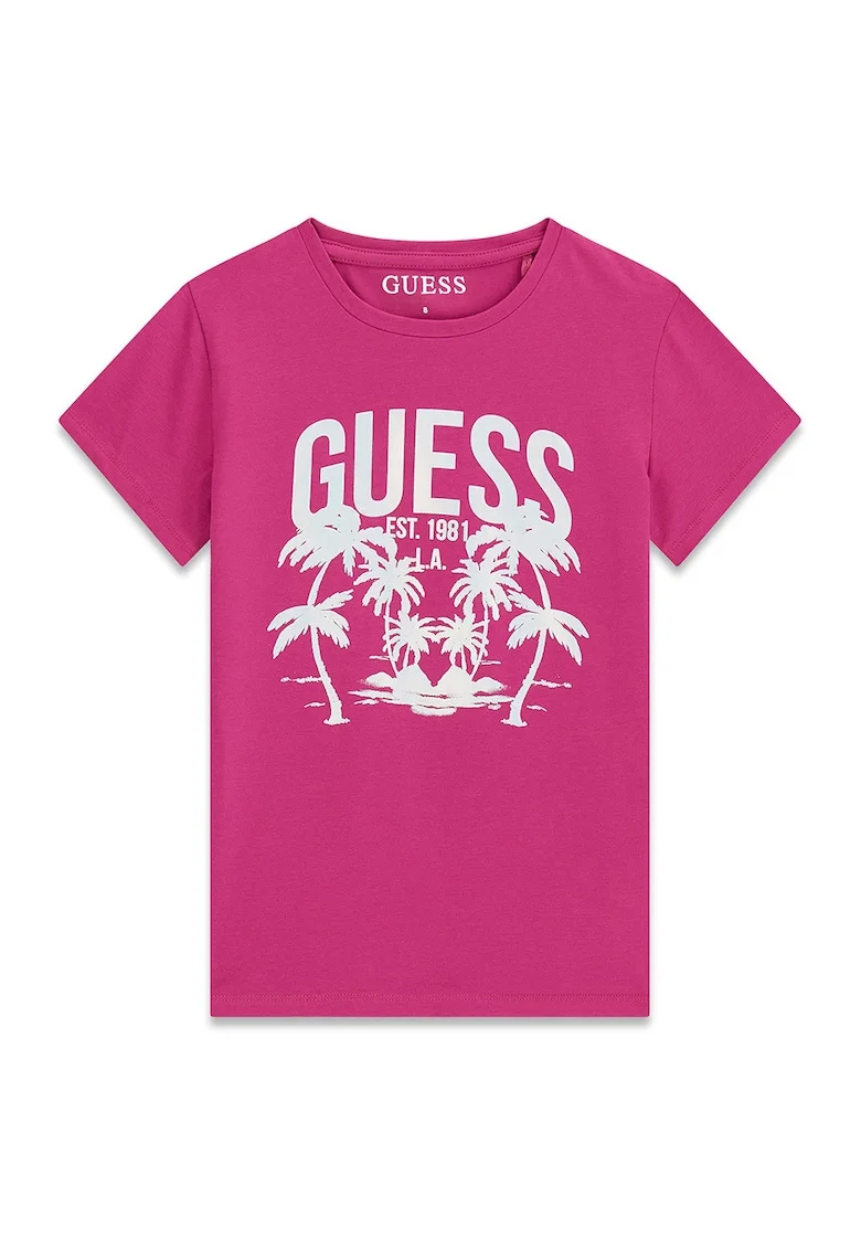Tricou cu decolteu la baza gatului si imprimeu logo, Alb/Roz inchis