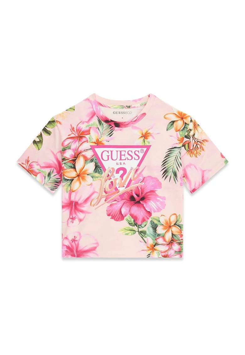 Tricou cu model floral si imprimeu logo, Verde/Roz