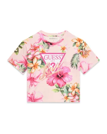 Tricou cu model floral si imprimeu logo, Verde/Roz