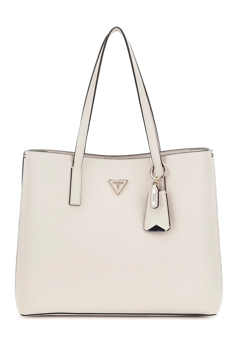 Geanta shopper de piele ecologica cu aplicatie logo, Alb fildes