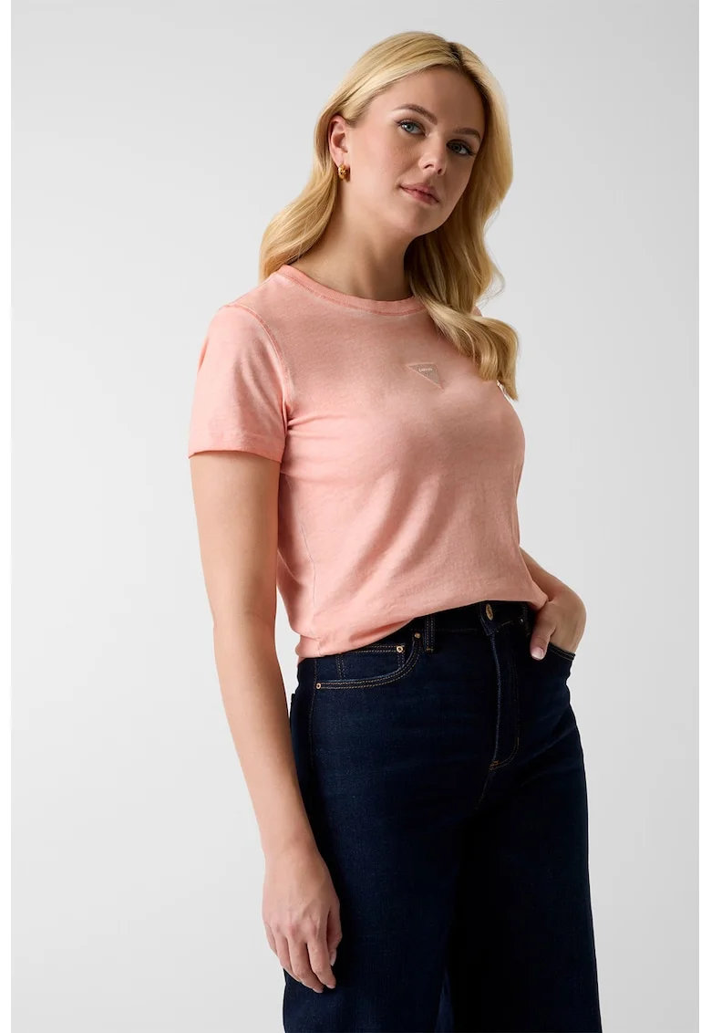 Tricou de bumbac cu imprimeu logo triunghiular, Roz somon