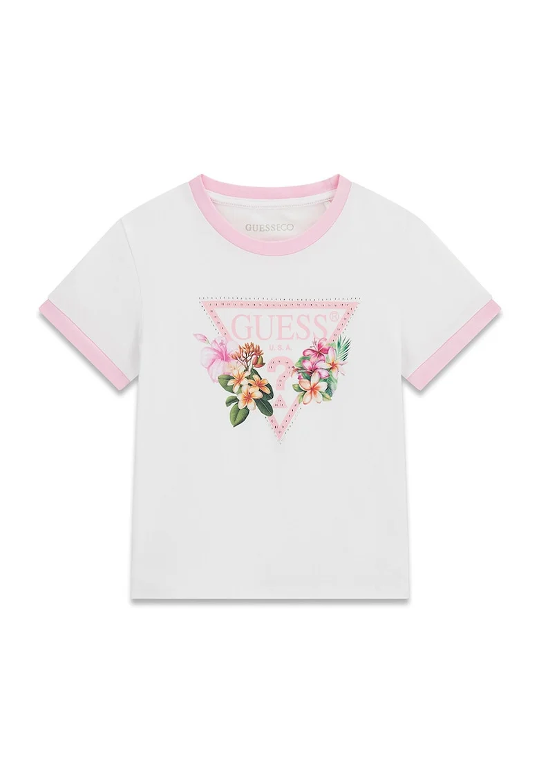 Tricou cu imprimeu logo, Alb/Verde/Roz deschis