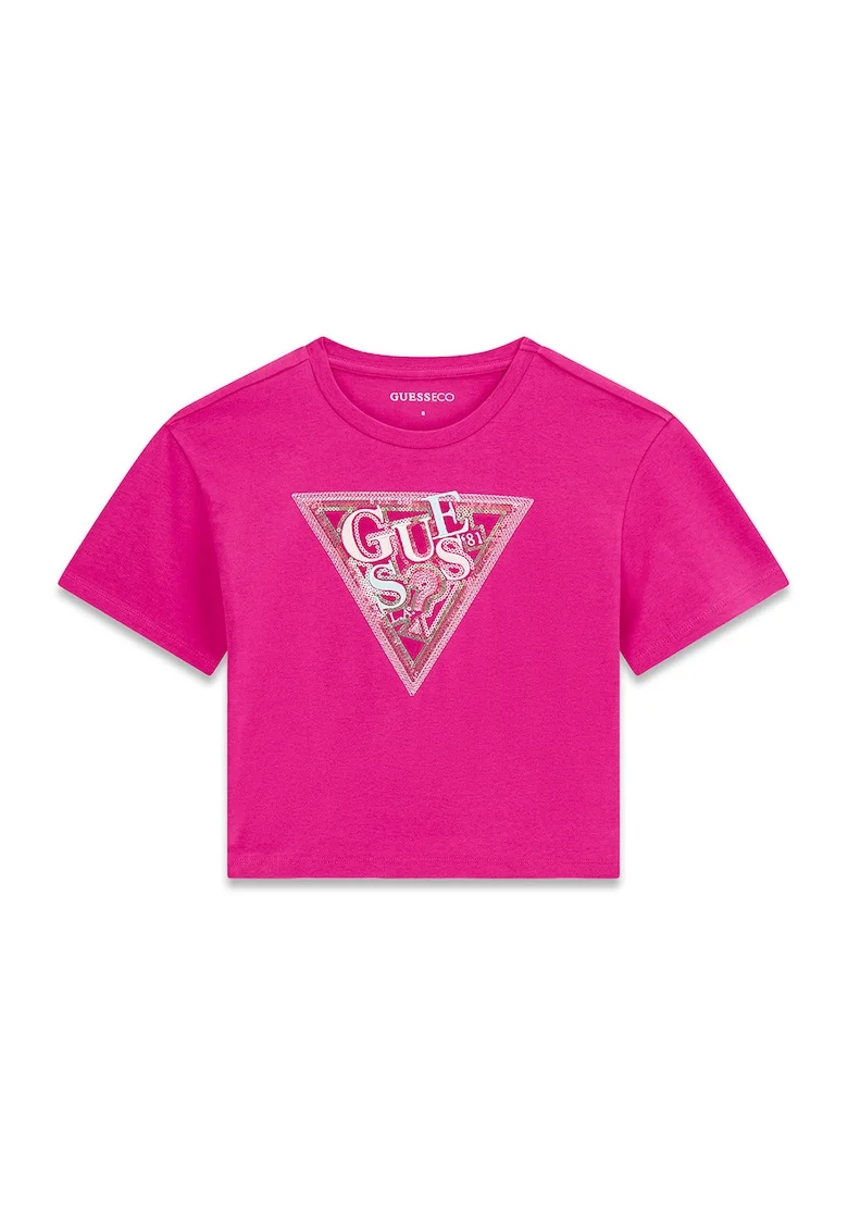Tricou din amestec de bumbac cu decolteu la baza gatului si logo, Alb/Fucsia