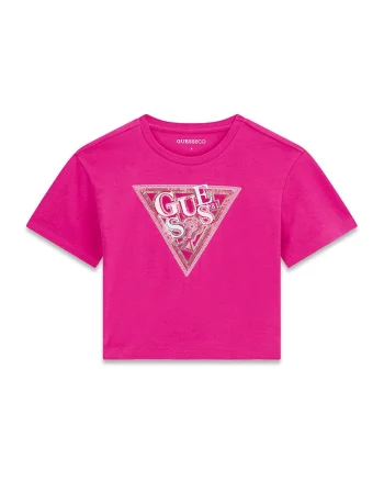 Tricou din amestec de bumbac cu decolteu la baza gatului si logo, Alb/Fucsia