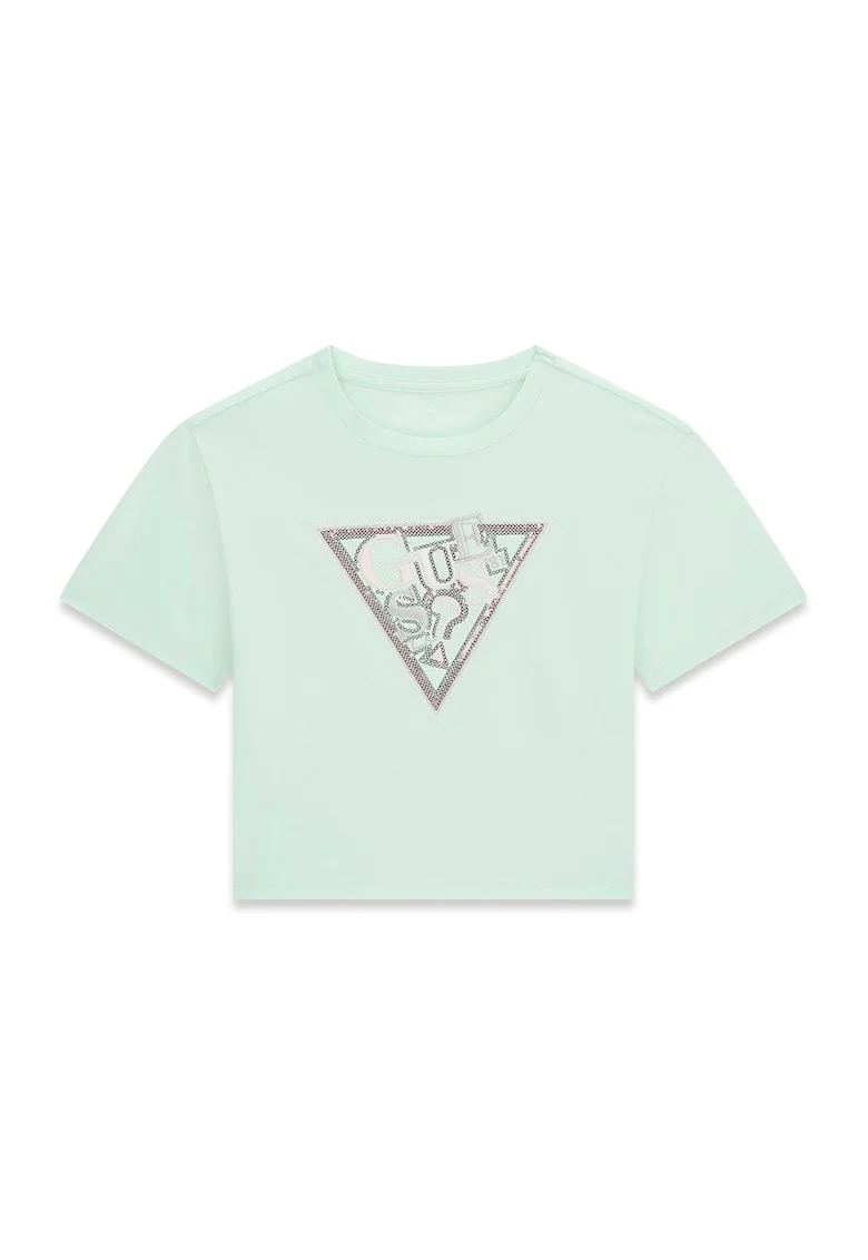 Tricou din amestec de bumbac cu decolteu la baza gatului si logo, Verde pal