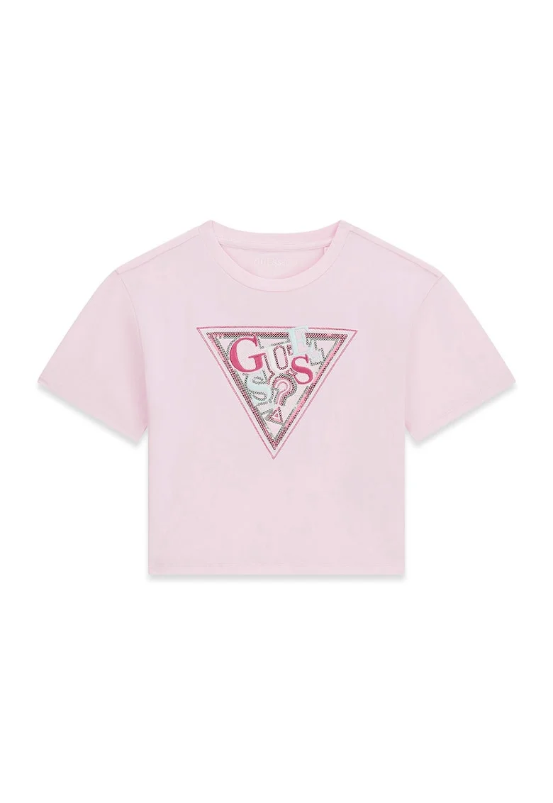 Tricou din amestec de bumbac cu decolteu la baza gatului si logo, Roz deschis