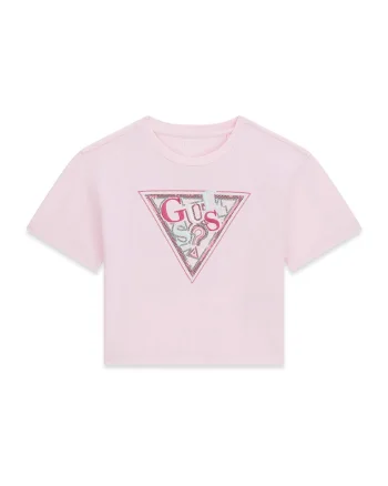 Tricou din amestec de bumbac cu decolteu la baza gatului si logo, Roz deschis