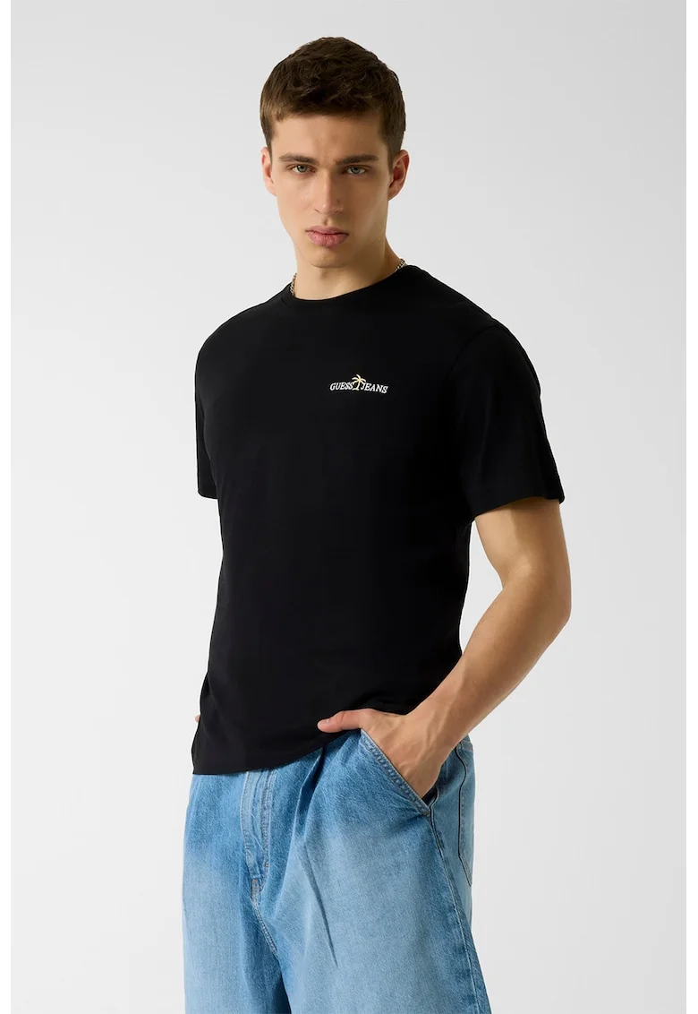 Tricou din bumbac cu broderie logo discreta, Negru