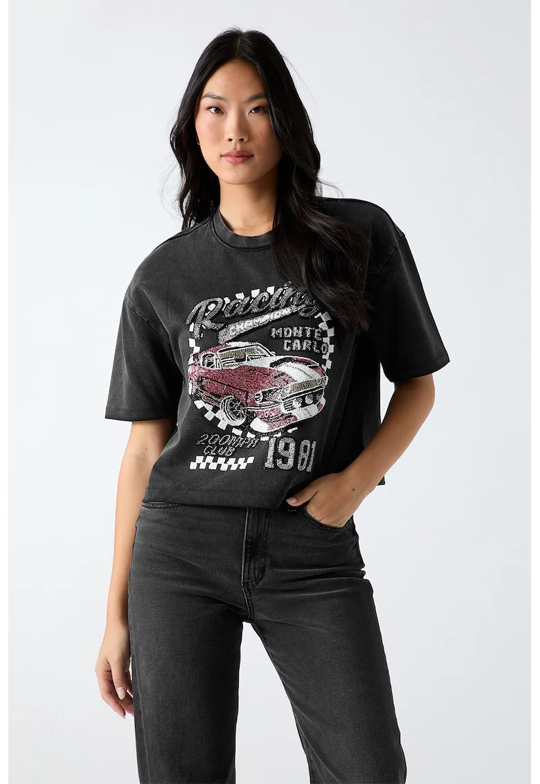 Tricou din bumbac cu imprimeu grafic si text, Rosu/Negru