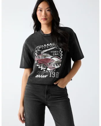 Tricou din bumbac cu imprimeu grafic si text, Rosu/Negru