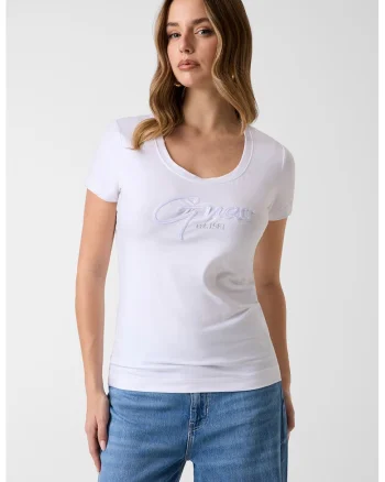 Tricou cu decolteu rotund si logo, Alb