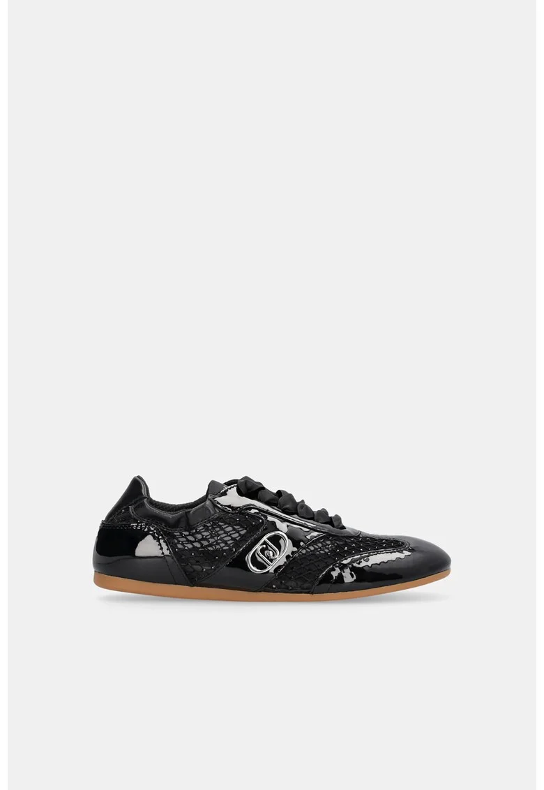 Pantofi sport cu aspect lucios, strasuri si plasa, Negru