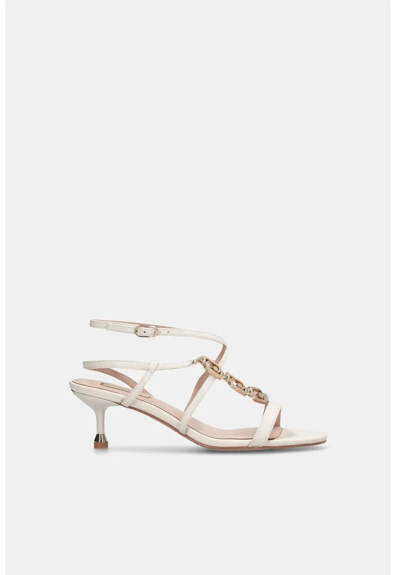 Sandale din piele cu toc kitten si barete multiple, Alb/Gri