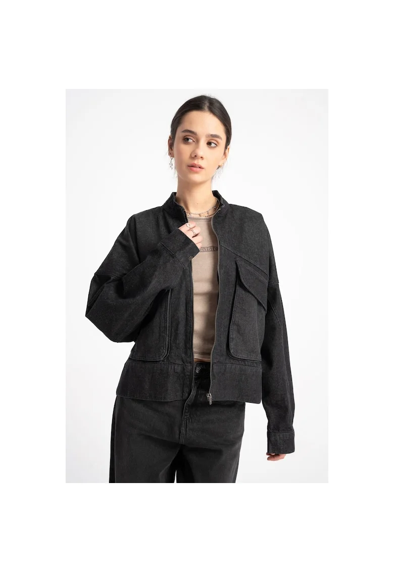 Jacheta din denim cu guler baseball, Negru