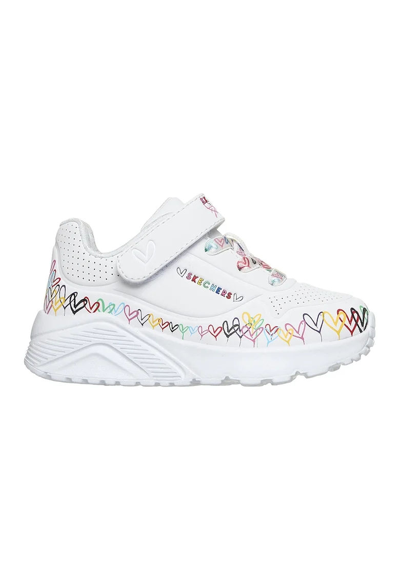 Pantofi sport Uno Lite- Heart Craze de piele ecologica cu model cu inimi, Alb/Negru/Galben