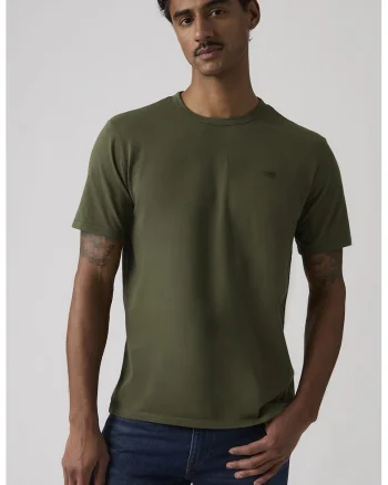 Tricou uni de bumbac cu aplicatie logo discreta, Kaki inchis,