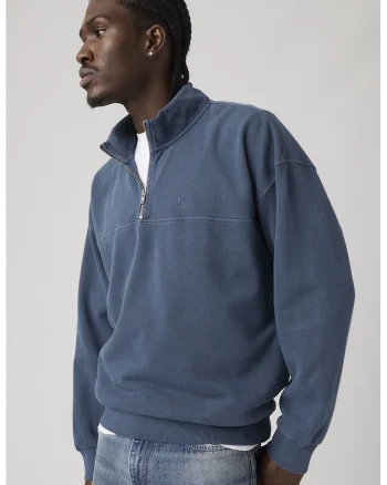 Bluza de trening din bumbac cu fermoar scurt, Albastru prafuit,