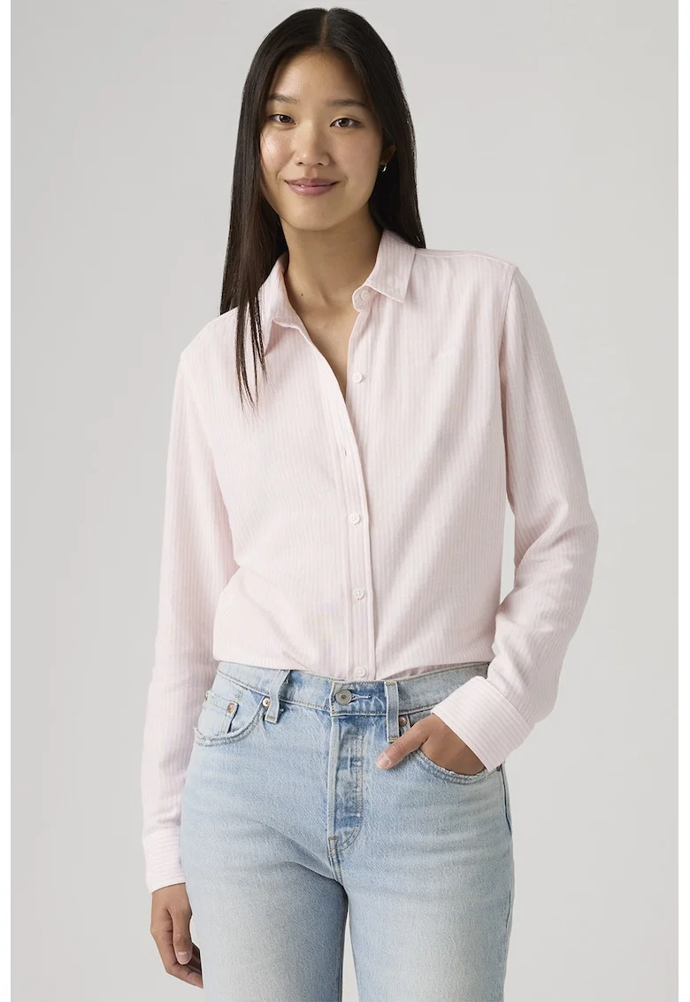 Camasa cu model in dungi si guler ascutit, Roz pastel