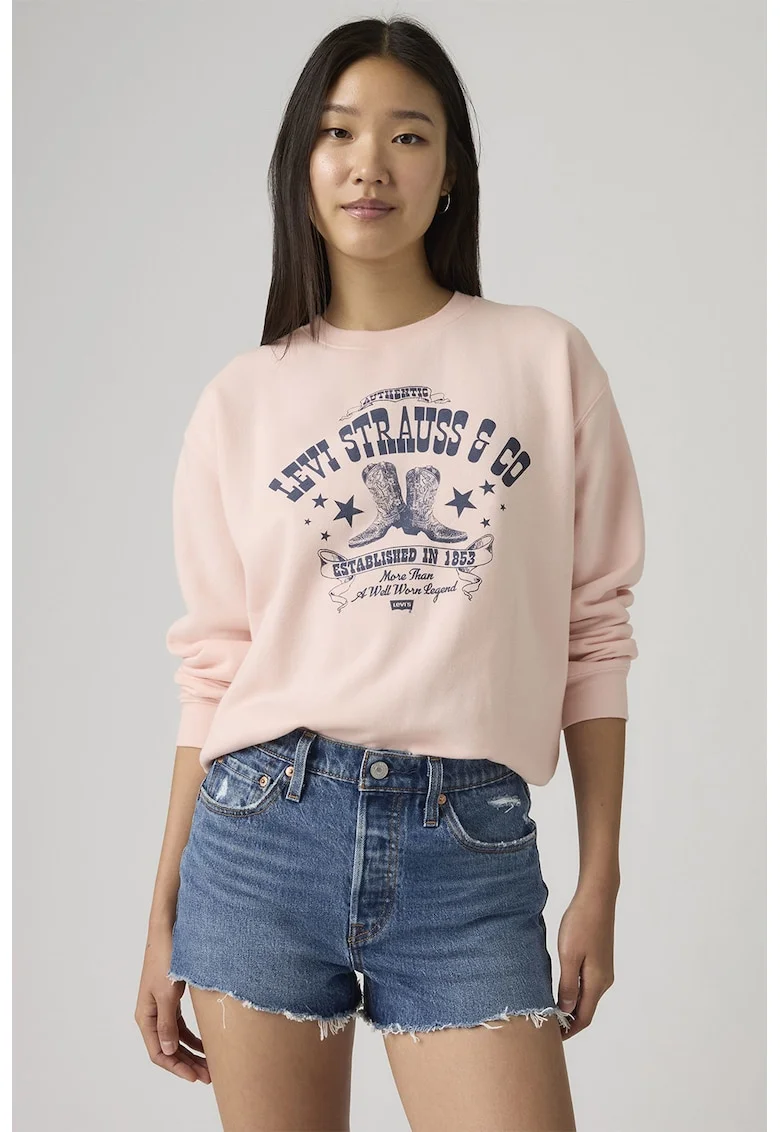 Bluza de trening cu decolteu la baza gatului si croiala lejera, Roz pal/Bleumarin