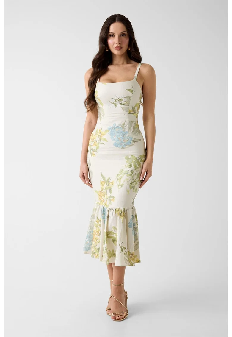 Rochie cambrata cu model floral si terminatie cu volane, Verde pal/Albastru