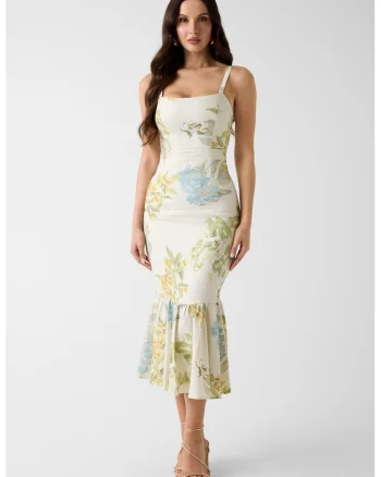 Rochie cambrata cu model floral si terminatie cu volane, Verde pal/Albastru