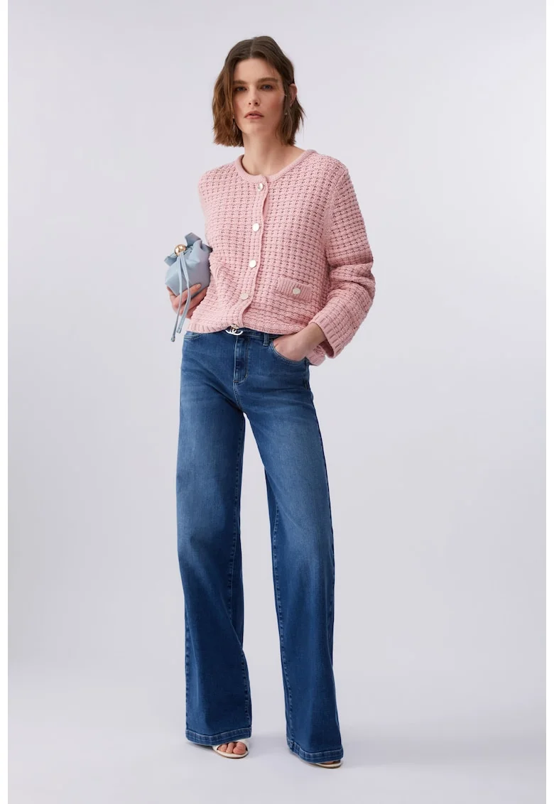 Cardigan tricotat cu buzunare aplicate, Roz
