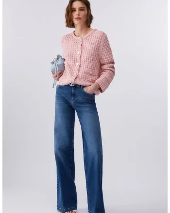 Cardigan tricotat cu buzunare aplicate, Roz
