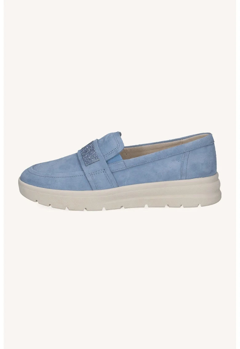 Pantofi loafer din piele intoarsa cu detalii stralucitoare, Albastru pastel/Alb murdar