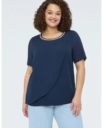 Tricou uni cu decolteu la baza gatului, Albastru inchis/Alb murdar