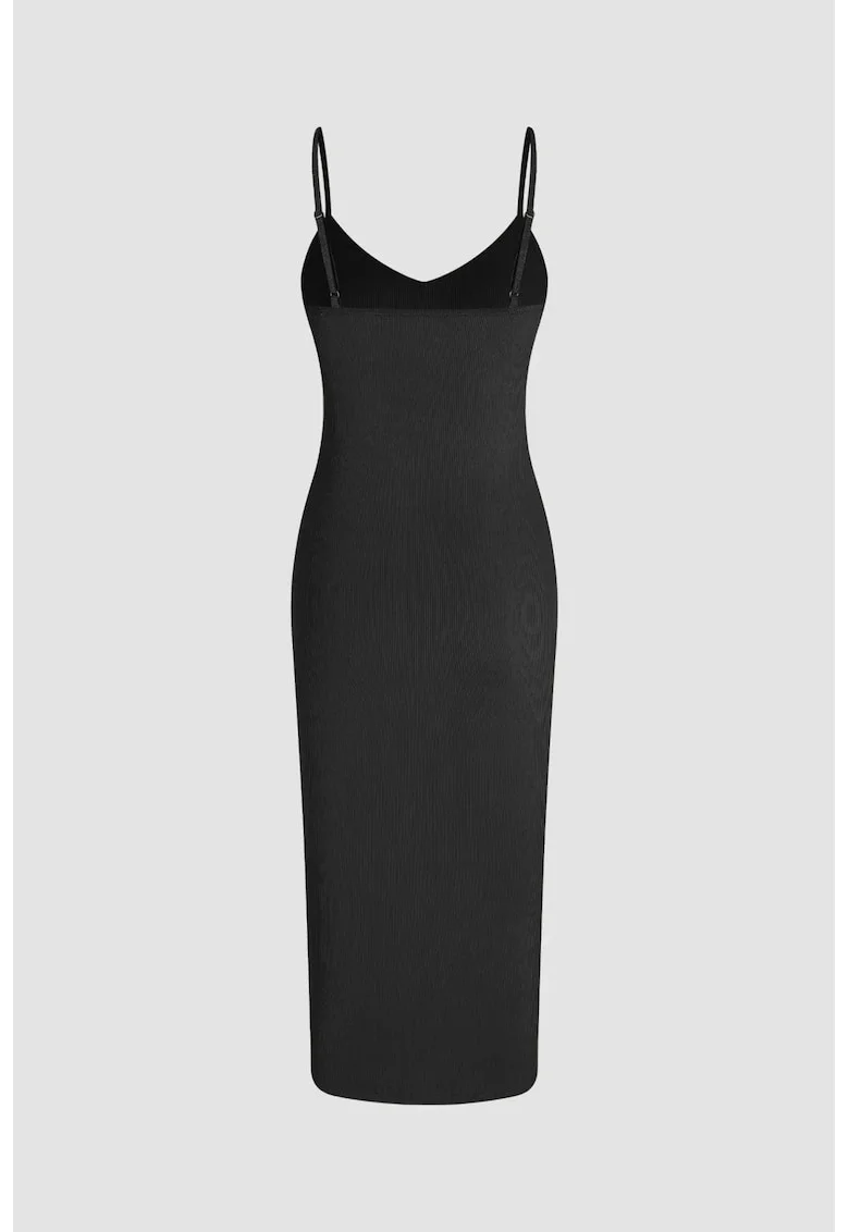 Rochie midi,  Decolteu in V, Bretele subtiri, Poliester/Eladwqfstan, Negru