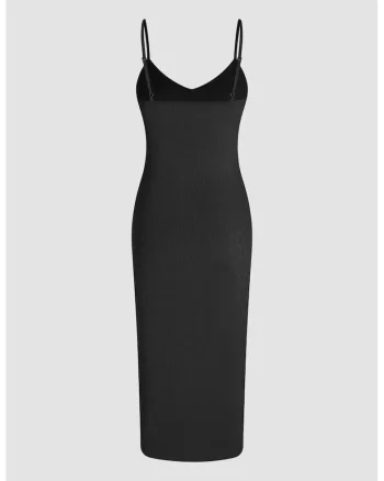 Rochie midi,  Decolteu in V, Bretele subtiri, Poliester/Eladwqfstan, Negru