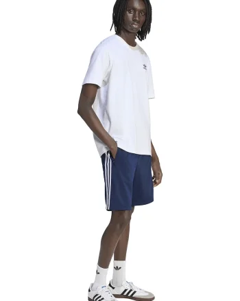 Pantaloni scurti cu talie elastica si benzi contrastante, Alb/Albastru inchis