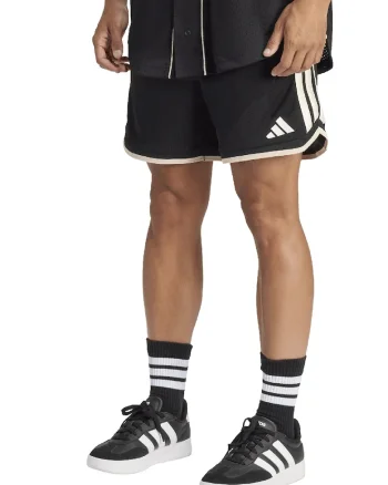adidas Originals, Pantaloni scurti de plasa cu snur in talie Stadium, Alb/Negru