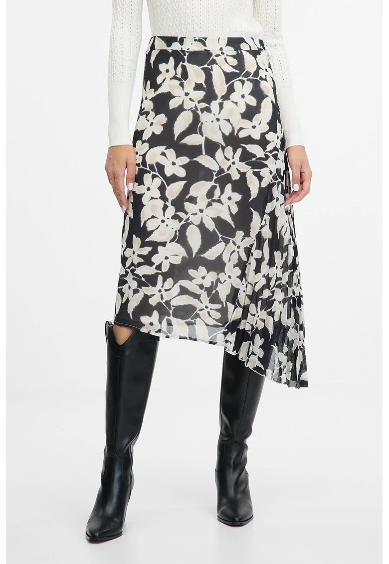 Fusta asimetrica cu model floral, Alb fildes/Negru