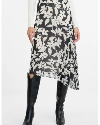 Fusta asimetrica cu model floral, Alb fildes/Negru