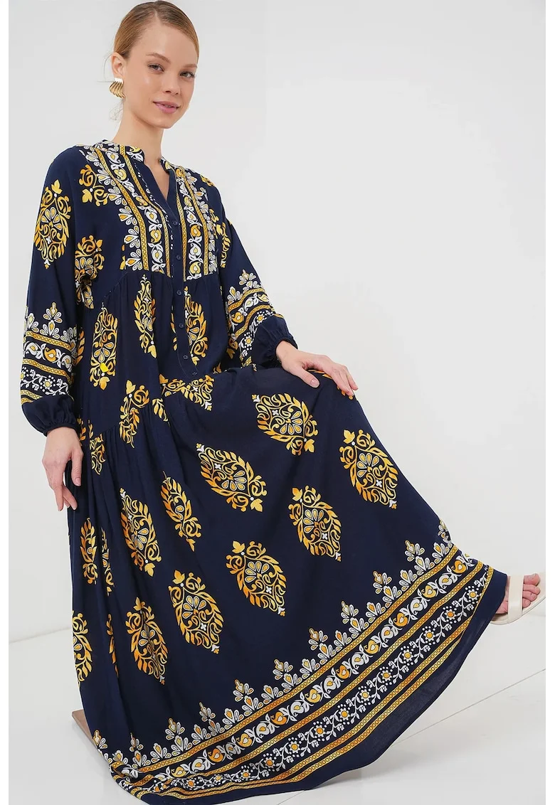 Rochie maxi cu viscoza, cu imprimeu, Albastru, Albastru inchis