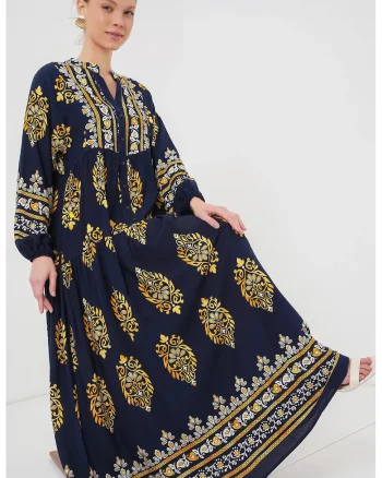 Rochie maxi cu viscoza, cu imprimeu, Albastru, Albastru inchis