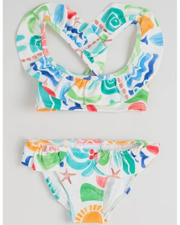 Costum de baie cu model tropical, Alb/Verde/Turcoaz/Bleumarin/Ocru