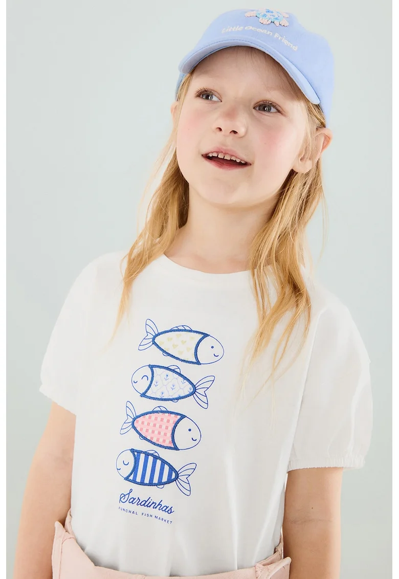Tricou cu imprimeu si maneci bufante, Alb/Albastru royal/Roz