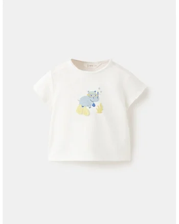 Tricou din bumbac cu fenta cu capsa, Alb/Galben/Albastru glaciar