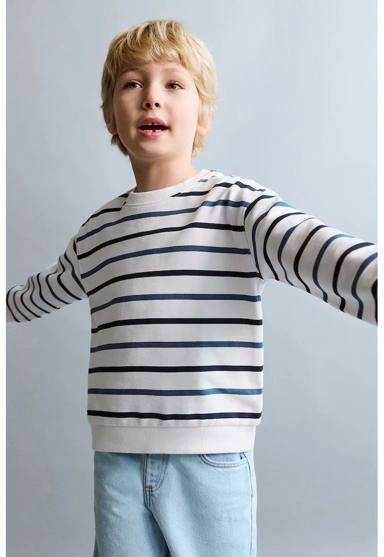 Bluza de trening in dungi cu decolteu rotund, Alb/Albastru
